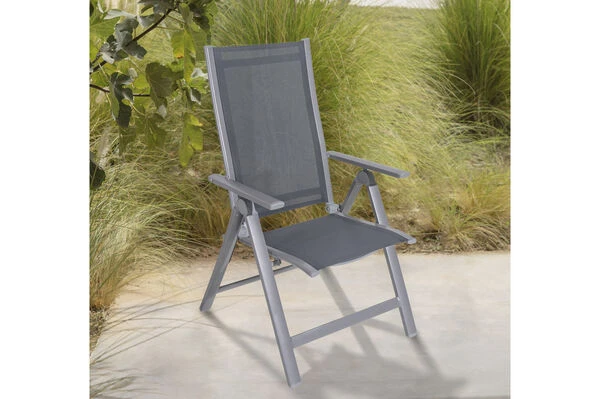 OUTFLEXX Premium Esstischgarnitur, Silber/grau, Alu/Textilene, Ausziehtisch 180/240 X 100 Cm, 6 Multipositionssessel 6 OUTFLEXX Premium Esstischgarnitur, Silber/grau, Alu/Textilene, Ausziehtisch 180/240 X 100 Cm, 6 Multipositionssessel – Bild 4