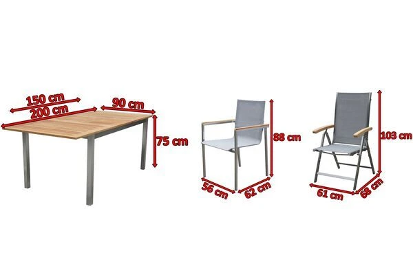 OUTFLEXX Set, Silber, 150 X 90 Cm, Edelstahl/Teak, Ausziehtisch, 6 Stühle, 2 Multipositionssessel 7 OUTFLEXX Set, Silber, 150 X 90 Cm, Edelstahl/Teak, Ausziehtisch, 6 Stühle, 2 Multipositionssessel – Bild 5