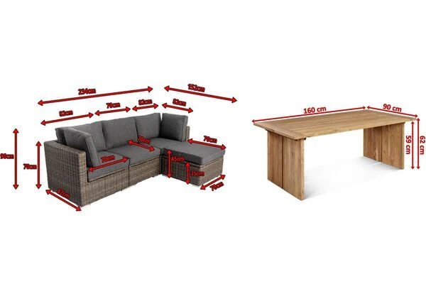 OUTFLEXX Loungegarnitur, Polyrattan/Teakholz, Tisch 160x90cm, Für 4 Personen, Wasserfeste Kissenbox 7 OUTFLEXX Loungegarnitur, Polyrattan/Teakholz, Tisch 160x90cm, Für 4 Personen, Wasserfeste Kissenbox – Bild 5