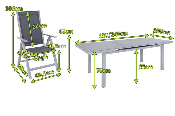 OUTFLEXX Premium Esstischgarnitur, Silber/grau, Alu/Textilene, Ausziehtisch 180/240 X 100 Cm, 6 Multipositionssessel 7 OUTFLEXX Premium Esstischgarnitur, Silber/grau, Alu/Textilene, Ausziehtisch 180/240 X 100 Cm, 6 Multipositionssessel – Bild 5