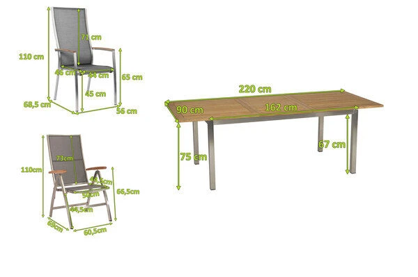 STERN Cardiff Esstischgarnitur, Silber/silbergrau, Edelstahl/Textilen/FSC-Teakholz, 162/220 X 90 Cm, 4 Stapel-, 2 Multipos, Butterfly-Auszug 7 STERN Cardiff Esstischgarnitur, Silber/silbergrau, Edelstahl/Textilen/FSC-Teakholz, 162/220 X 90 Cm, 4 Stapel-, 2 Multipos, Butterfly-Auszug – Bild 5