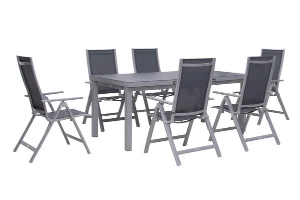 OUTFLEXX Premium Esstischgarnitur, Silber/grau, Alu/Textilene, Ausziehtisch 180/240 X 100 Cm, 6 Multipositionssessel 8 OUTFLEXX Premium Esstischgarnitur, Silber/grau, Alu/Textilene, Ausziehtisch 180/240 X 100 Cm, 6 Multipositionssessel – Bild 6