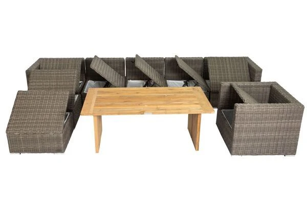 OUTFLEXX Loungegarnitur, Polyrattan/Teakholz, Tisch 160x90cm, Für 8 Personen, Wasserfeste Kissenbox 9 OUTFLEXX Loungegarnitur, Polyrattan/Teakholz, Tisch 160x90cm, Für 8 Personen, Wasserfeste Kissenbox – Bild 7