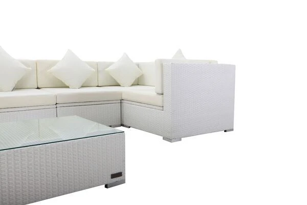 OUTFLEXX Loungemöbel Polyrattan, Weiß, Für 5 Personen, Inkl. Kaffeetisch, Wasserfeste Kissenbox 9 OUTFLEXX Loungemöbel Polyrattan, Weiß, Für 5 Personen, Inkl. Kaffeetisch, Wasserfeste Kissenbox – Bild 7