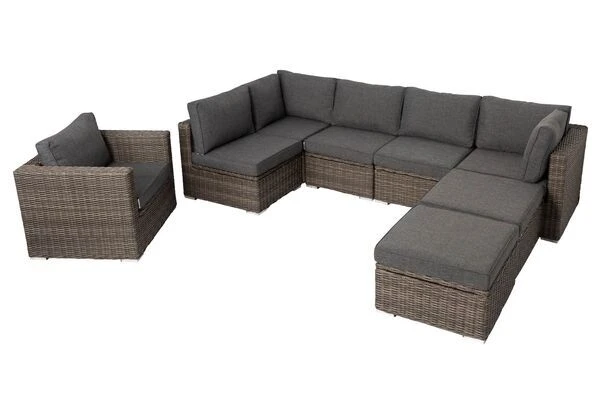 OUTFLEXX Loungegarnitur, Polyrattan/Teakholz, Tisch 160x90cm, Für 8 Personen, Wasserfeste Kissenbox 10 OUTFLEXX Loungegarnitur, Polyrattan/Teakholz, Tisch 160x90cm, Für 8 Personen, Wasserfeste Kissenbox – Bild 8